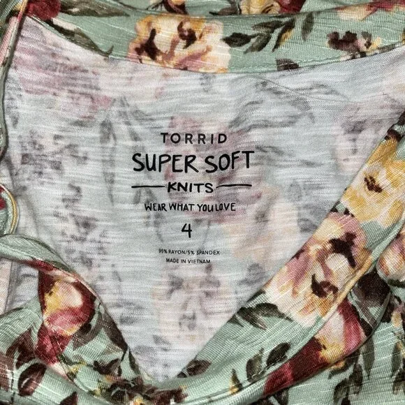 Torrid 4 4X Super Soft Knit Green Floral Babydoll Tank Shirt Tiered Ruffled - Picture 6 of 8